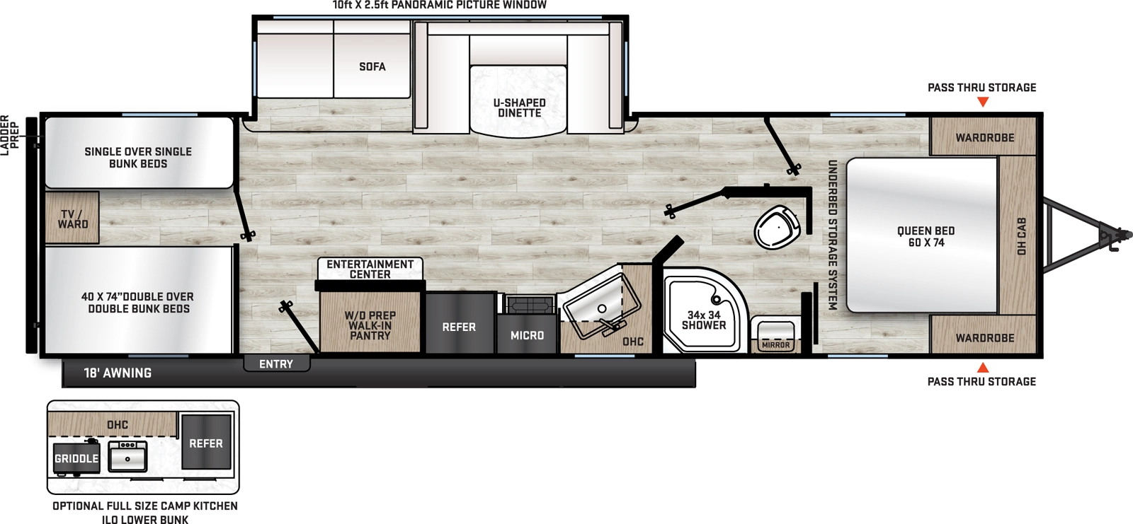 The Aurora 28QBUNK floorplan has one entry and one slide out. Exterior features include: metal exterior, 18' awning and outside kitchen. Interiors features include: bunk beds, u-dinette and front bedroom.